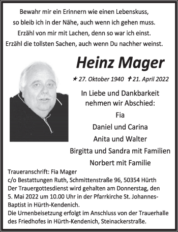 Anzeige von Heinz Mager von  Wochenende 