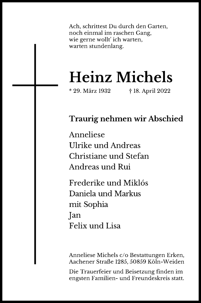 Traueranzeige für Heinz Michels vom 30.04.2022 aus Kölner Stadt-Anzeiger / Kölnische Rundschau / Express