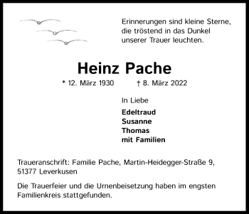 Anzeige von Heinz Pache von Kölner Stadt-Anzeiger / Kölnische Rundschau / Express