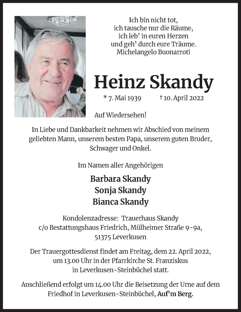  Traueranzeige für Heinz Skandy vom 16.04.2022 aus Kölner Stadt-Anzeiger / Kölnische Rundschau / Express