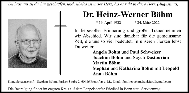  Traueranzeige für Heinz-Werner Böhm vom 02.04.2022 aus Kölner Stadt-Anzeiger / Kölnische Rundschau / Express