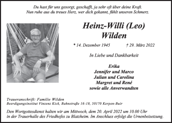 Anzeige von Heinz-Willi Wilden von  Werbepost 