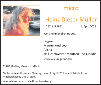 Anzeige von Heinz Dieter Müller von Kölner Stadt-Anzeiger / Kölnische Rundschau / Express