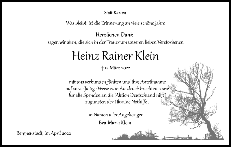  Traueranzeige für Heinz Rainer Klein vom 23.04.2022 aus Kölner Stadt-Anzeiger / Kölnische Rundschau / Express