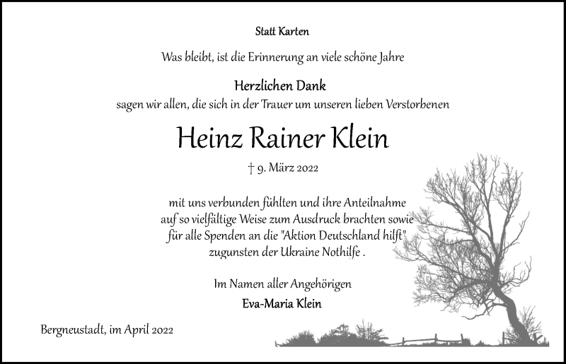  Traueranzeige für Heinz Rainer Klein vom 22.04.2022 aus  Anzeigen Echo 
