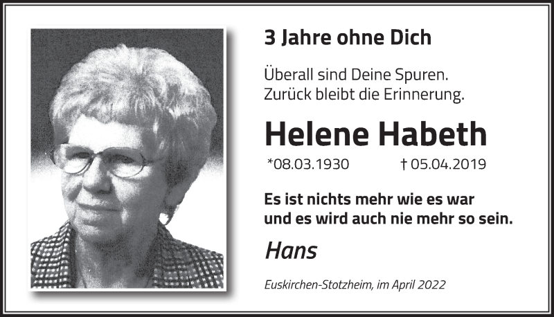  Traueranzeige für Helene Habeth vom 09.04.2022 aus  Blickpunkt Euskirchen 