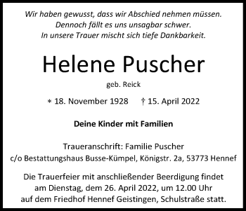 Anzeige von Helene Puscher von Kölner Stadt-Anzeiger / Kölnische Rundschau / Express