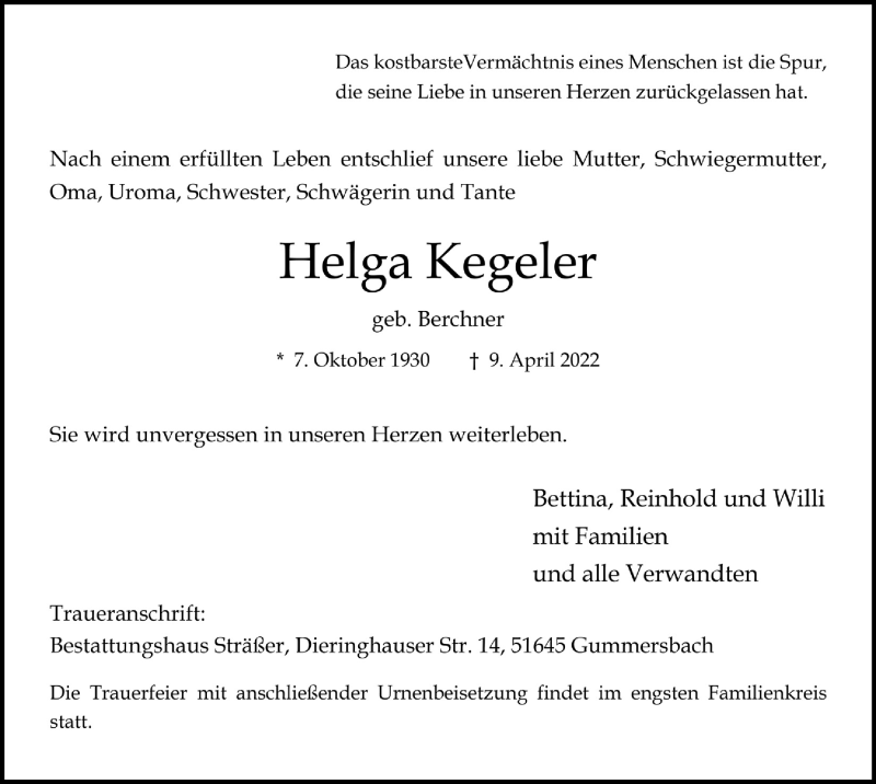  Traueranzeige für Helga Kegeler vom 14.04.2022 aus  Anzeigen Echo 