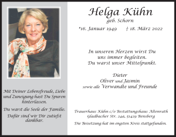 Anzeige von Helga Kühn von Kölner Stadt-Anzeiger / Kölnische Rundschau / Express