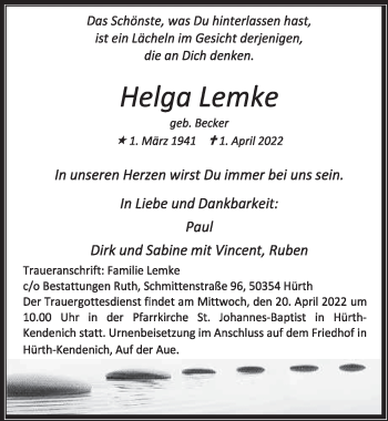 Anzeige von Helga Lemke von  Wochenende 