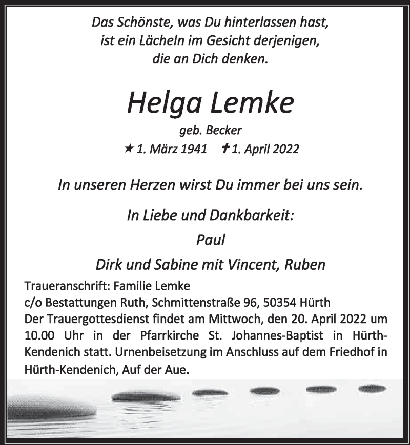  Traueranzeige für Helga Lemke vom 15.04.2022 aus  Wochenende 