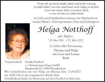 Anzeige von Helga Notthoff von Kölner Stadt-Anzeiger / Kölnische Rundschau / Express