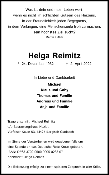 Anzeige von Helga Reimitz von Kölner Stadt-Anzeiger / Kölnische Rundschau / Express