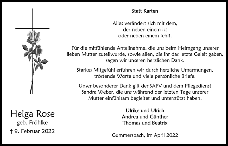  Traueranzeige für Helga Rose vom 08.04.2022 aus  Anzeigen Echo 