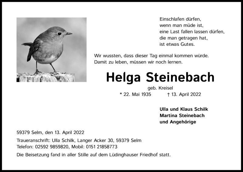  Traueranzeige für Helga Steinebach vom 23.04.2022 aus Kölner Stadt-Anzeiger / Kölnische Rundschau / Express