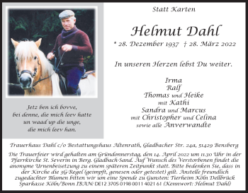 Anzeige von Helmut Dahl von Kölner Stadt-Anzeiger / Kölnische Rundschau / Express
