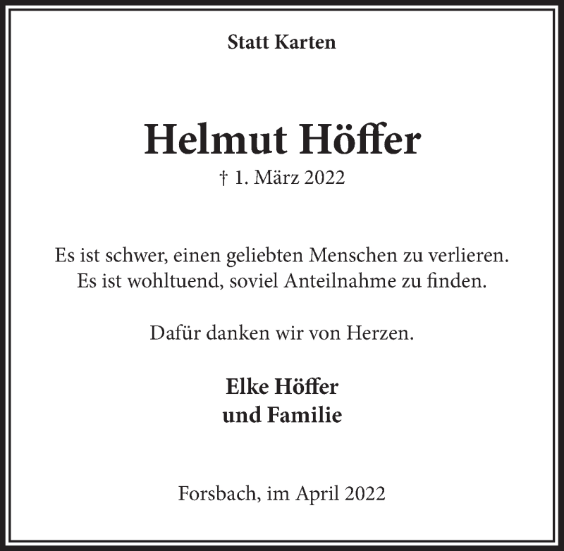  Traueranzeige für Helmut Höffer vom 22.04.2022 aus  Bergisches Handelsblatt 