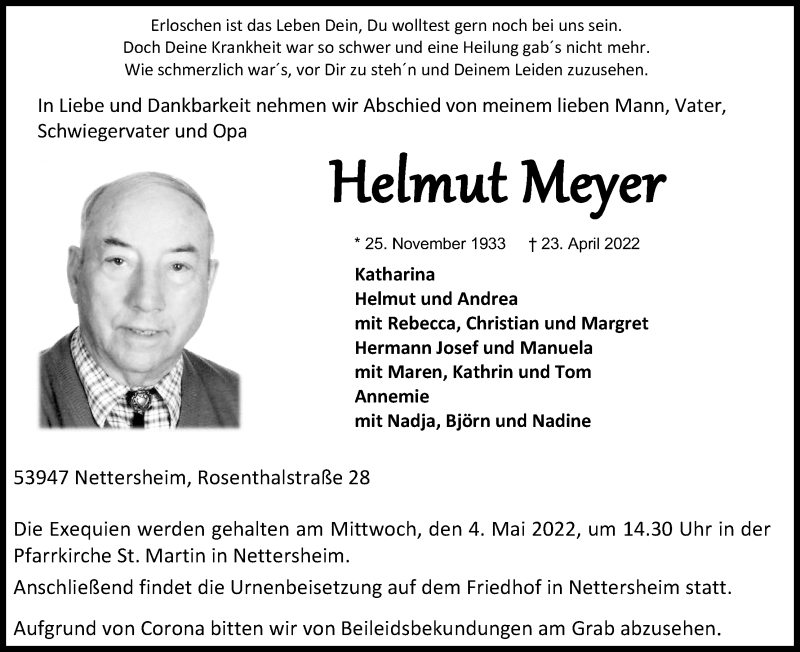  Traueranzeige für Helmut Meyer vom 30.04.2022 aus Kölner Stadt-Anzeiger / Kölnische Rundschau / Express