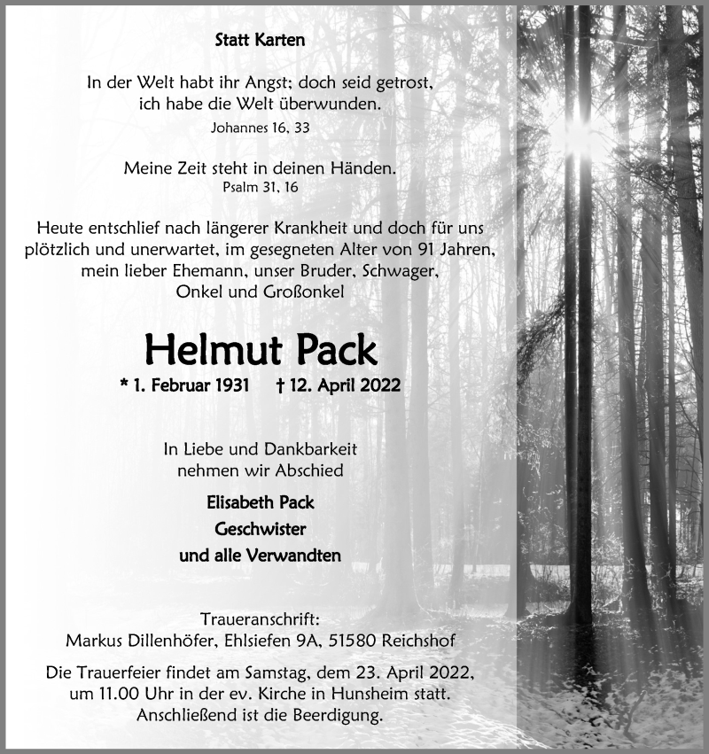  Traueranzeige für Helmut Pack vom 21.04.2022 aus Kölner Stadt-Anzeiger / Kölnische Rundschau / Express