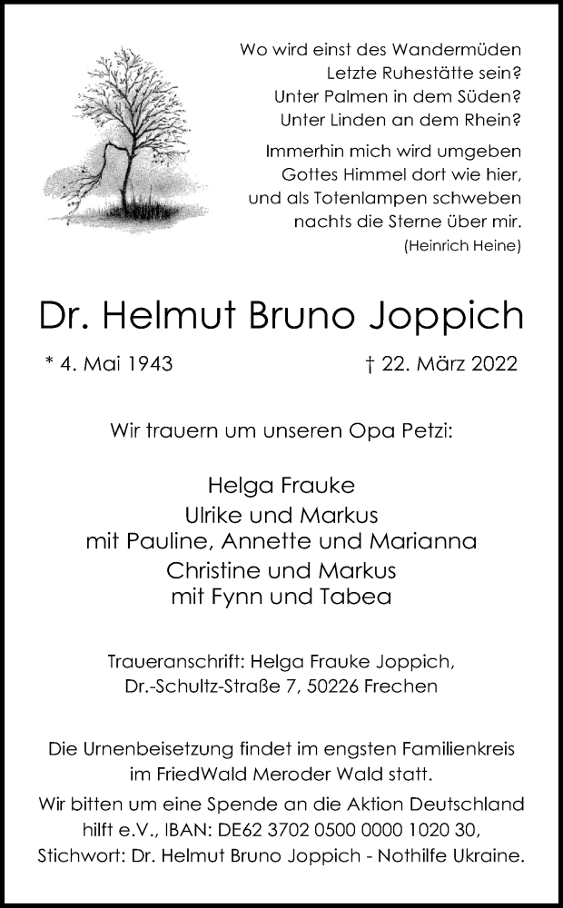  Traueranzeige für Helmut Bruno Joppich vom 02.04.2022 aus Kölner Stadt-Anzeiger / Kölnische Rundschau / Express