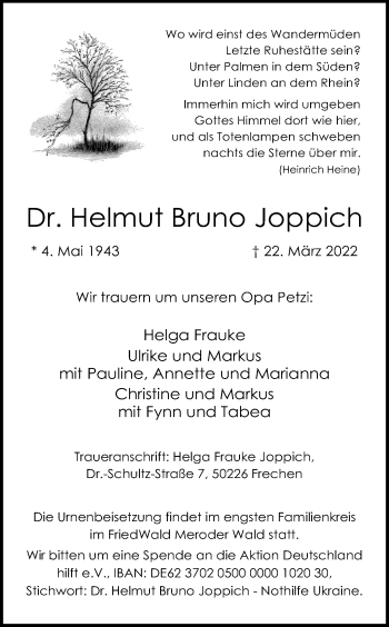 Anzeige von Helmut Bruno Joppich von Kölner Stadt-Anzeiger / Kölnische Rundschau / Express