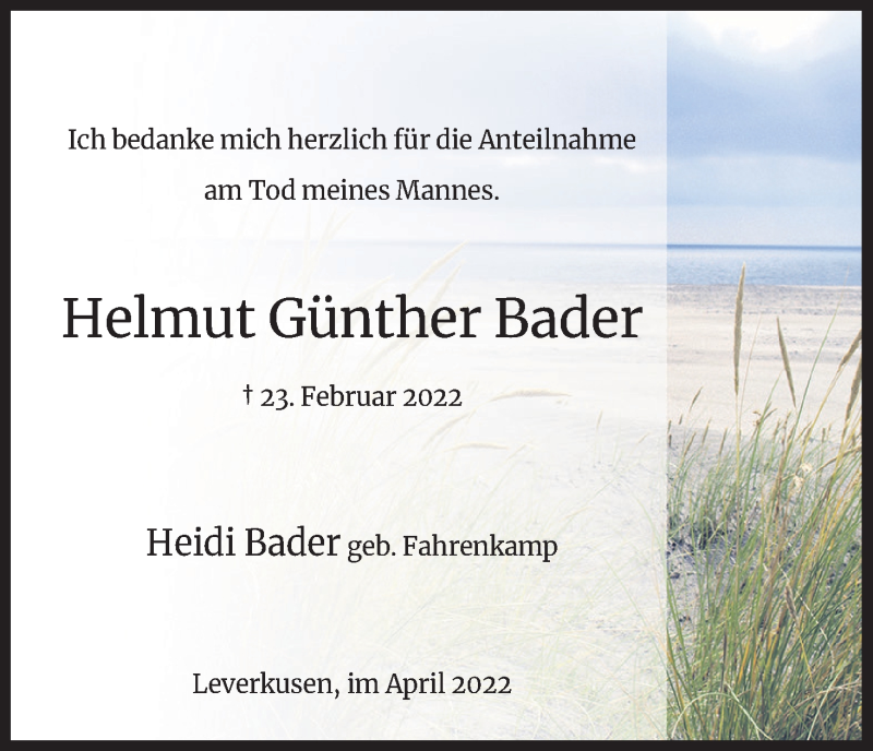  Traueranzeige für Helmut Günther Bader vom 02.04.2022 aus Kölner Stadt-Anzeiger / Kölnische Rundschau / Express