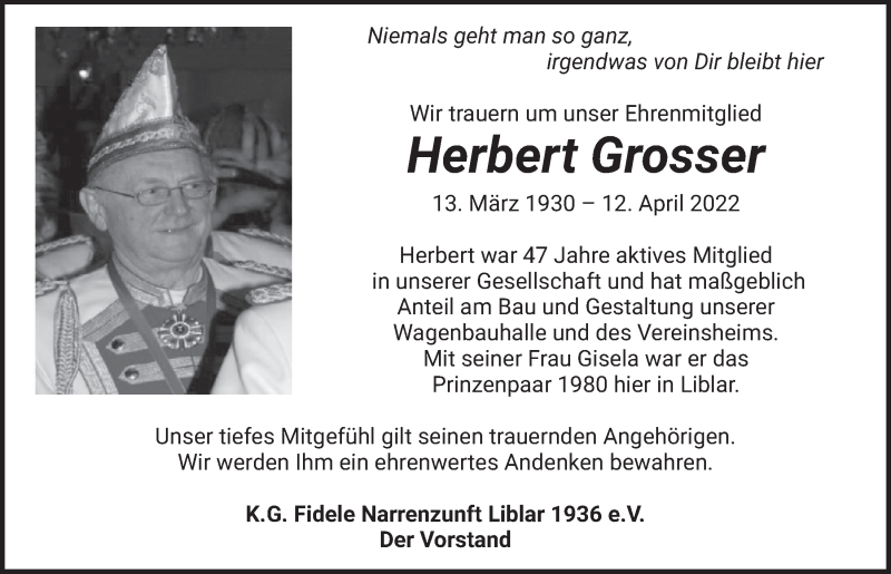  Traueranzeige für Herbert Grosser vom 29.04.2022 aus  Werbepost 