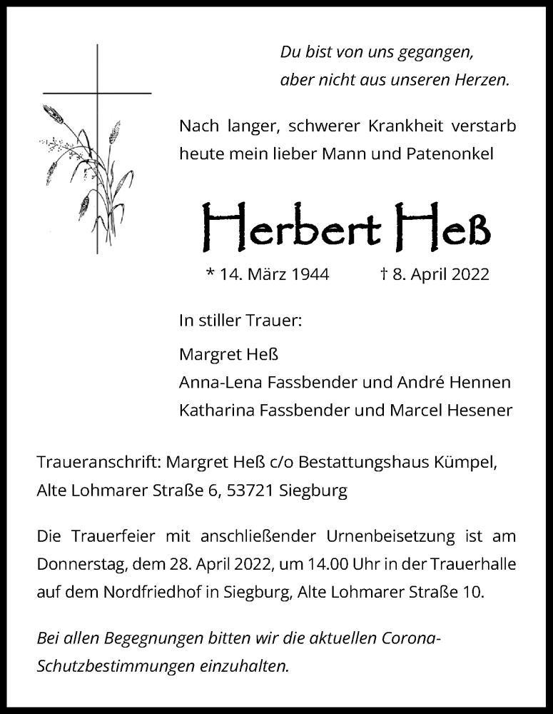 Traueranzeige für Herbert Heß vom 16.04.2022 aus Kölner Stadt-Anzeiger / Kölnische Rundschau / Express