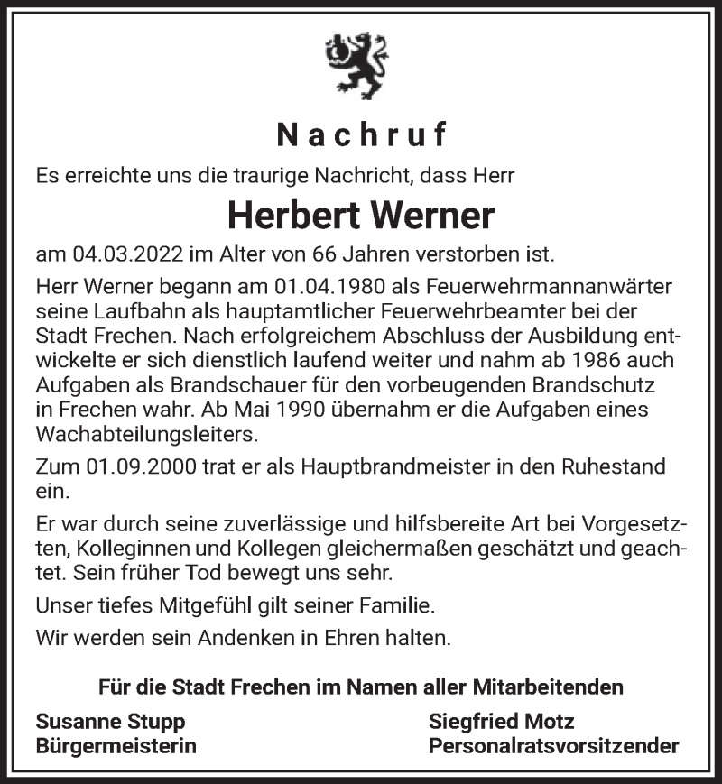  Traueranzeige für Herbert Werner vom 08.04.2022 aus  Wochenende 