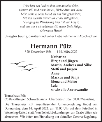 Anzeige von Hermann Pütz von  Schlossbote/Werbekurier 