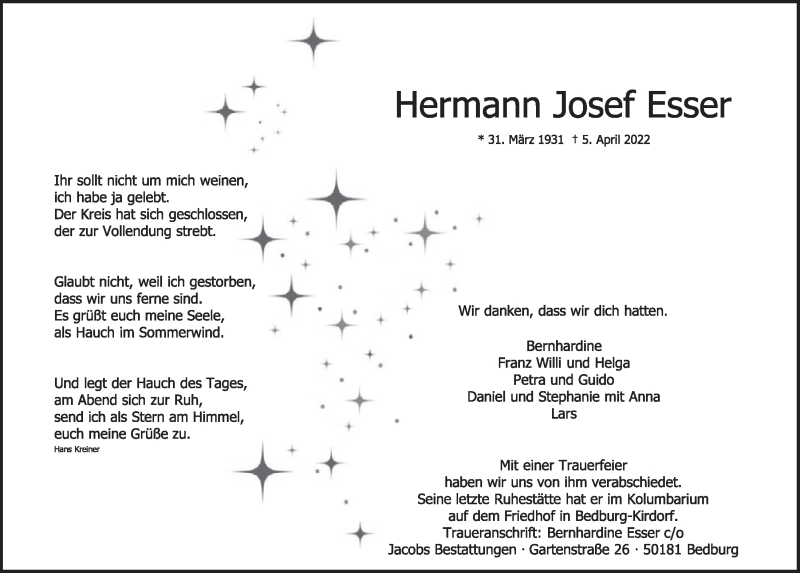  Traueranzeige für Hermann Josef Esser vom 22.04.2022 aus  Werbepost 