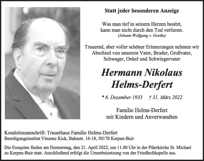  Traueranzeige für Hermann Nikolaus Helms-Derfert vom 14.04.2022 aus  Werbepost 