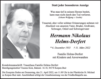 Anzeige von Hermann Nikolaus Helms-Derfert von  Werbepost 