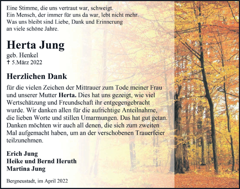  Traueranzeige für Herta Jung vom 22.04.2022 aus  Anzeigen Echo 