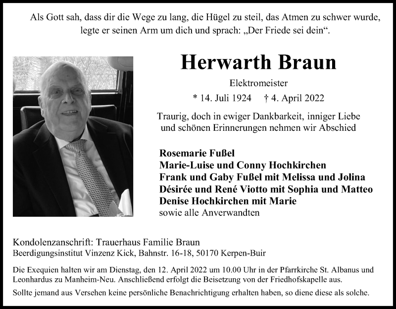  Traueranzeige für Herwarth Braun vom 09.04.2022 aus Kölner Stadt-Anzeiger / Kölnische Rundschau / Express