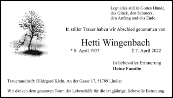Anzeige von Hetti Wiegenbach von Kölner Stadt-Anzeiger / Kölnische Rundschau / Express