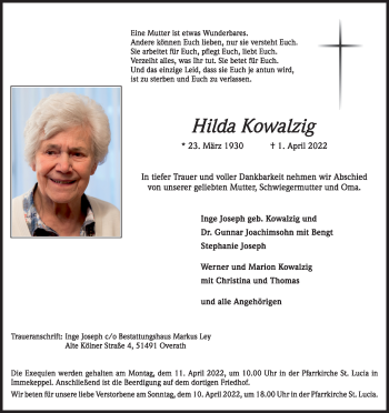 Anzeige von Hilda Kowalzig von Kölner Stadt-Anzeiger / Kölnische Rundschau / Express