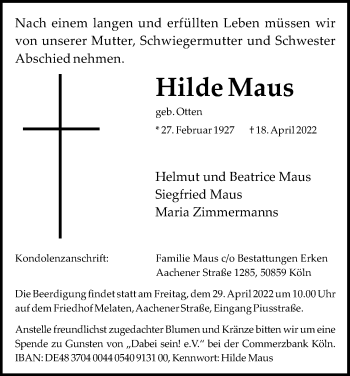 Anzeige von Hilde Maus von Kölner Stadt-Anzeiger / Kölnische Rundschau / Express