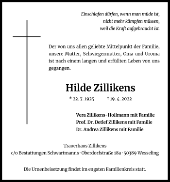 Anzeige von Hilde Zillikens von Kölner Stadt-Anzeiger / Kölnische Rundschau / Express