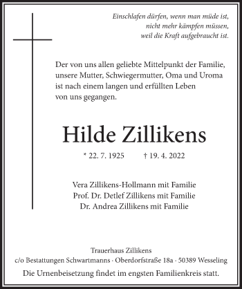 Anzeige von Hilde Zillikens von  Schlossbote/Werbekurier 