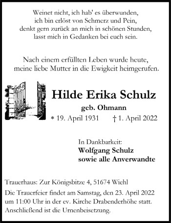 Anzeige von Hilde Erika Schulz von  Anzeigen Echo 