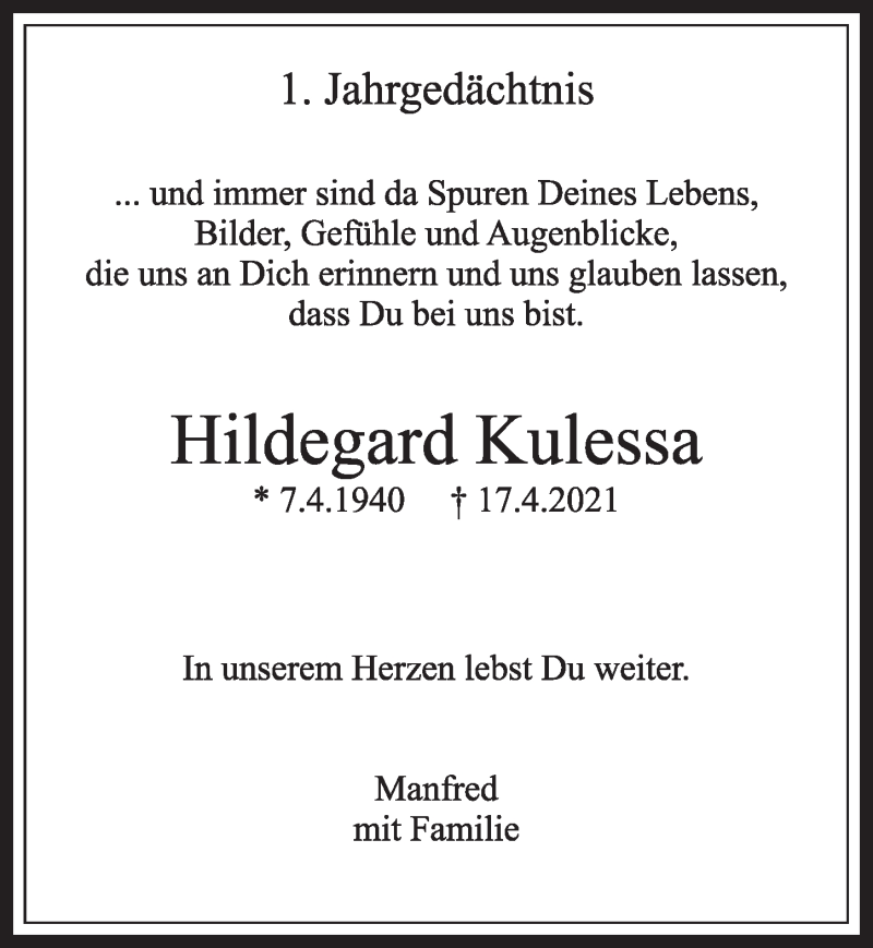  Traueranzeige für Hildegard Kulessa vom 22.04.2022 aus  Werbepost 