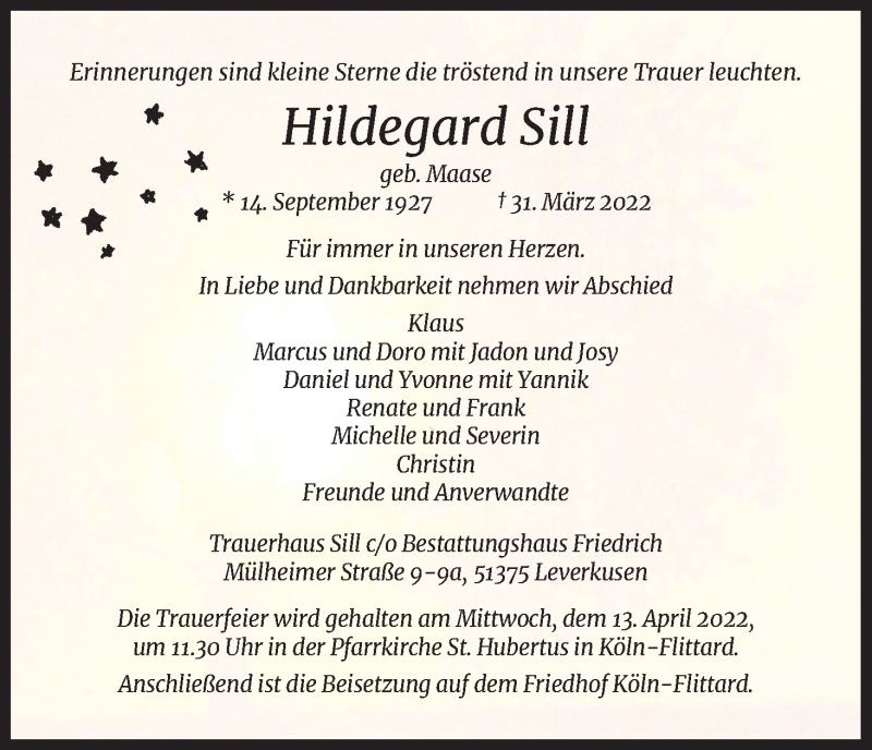  Traueranzeige für Hildegard Sill vom 09.04.2022 aus Kölner Stadt-Anzeiger / Kölnische Rundschau / Express