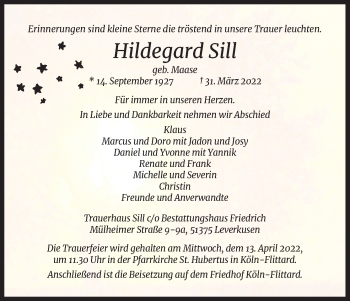 Anzeige von Hildegard Sill von Kölner Stadt-Anzeiger / Kölnische Rundschau / Express