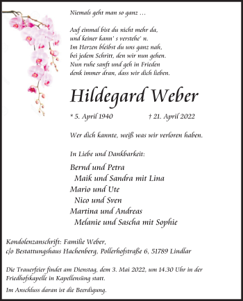 Anzeige von Hildegard Weber von Kölner Stadt-Anzeiger / Kölnische Rundschau / Express