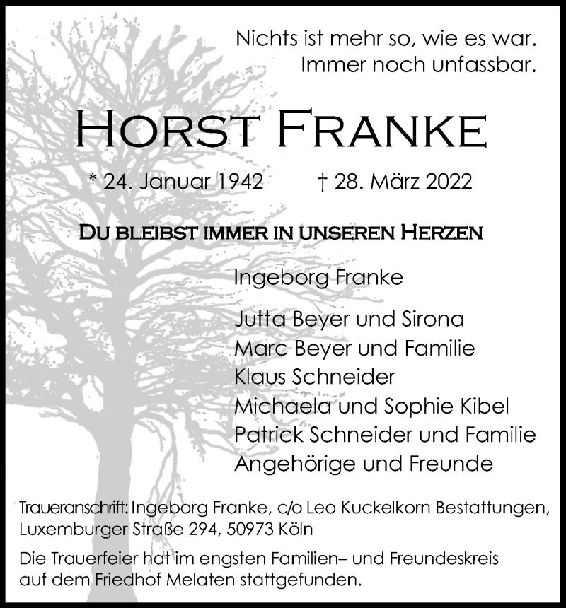  Traueranzeige für Horst Franke vom 23.04.2022 aus Kölner Stadt-Anzeiger / Kölnische Rundschau / Express