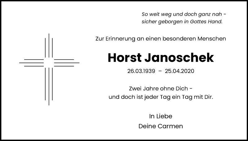  Traueranzeige für Horst Janoschek vom 23.04.2022 aus Kölner Stadt-Anzeiger / Kölnische Rundschau / Express