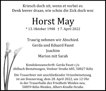 Anzeige von Horst May von Kölner Stadt-Anzeiger / Kölnische Rundschau / Express