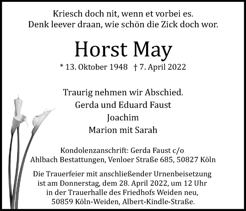  Traueranzeige für Horst May vom 23.04.2022 aus Kölner Stadt-Anzeiger / Kölnische Rundschau / Express