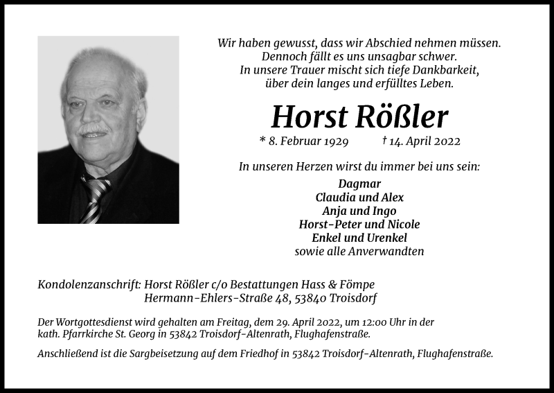 Traueranzeige für Horst Rößler vom 26.04.2022 aus Kölner Stadt-Anzeiger / Kölnische Rundschau / Express